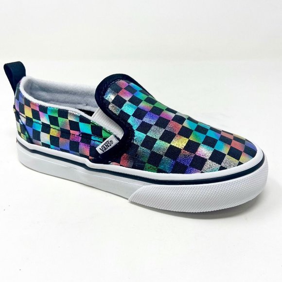 Vans Slip On V (Iridescent Check) Black White Toddler Baby Sneakers - Picture 2 of 5